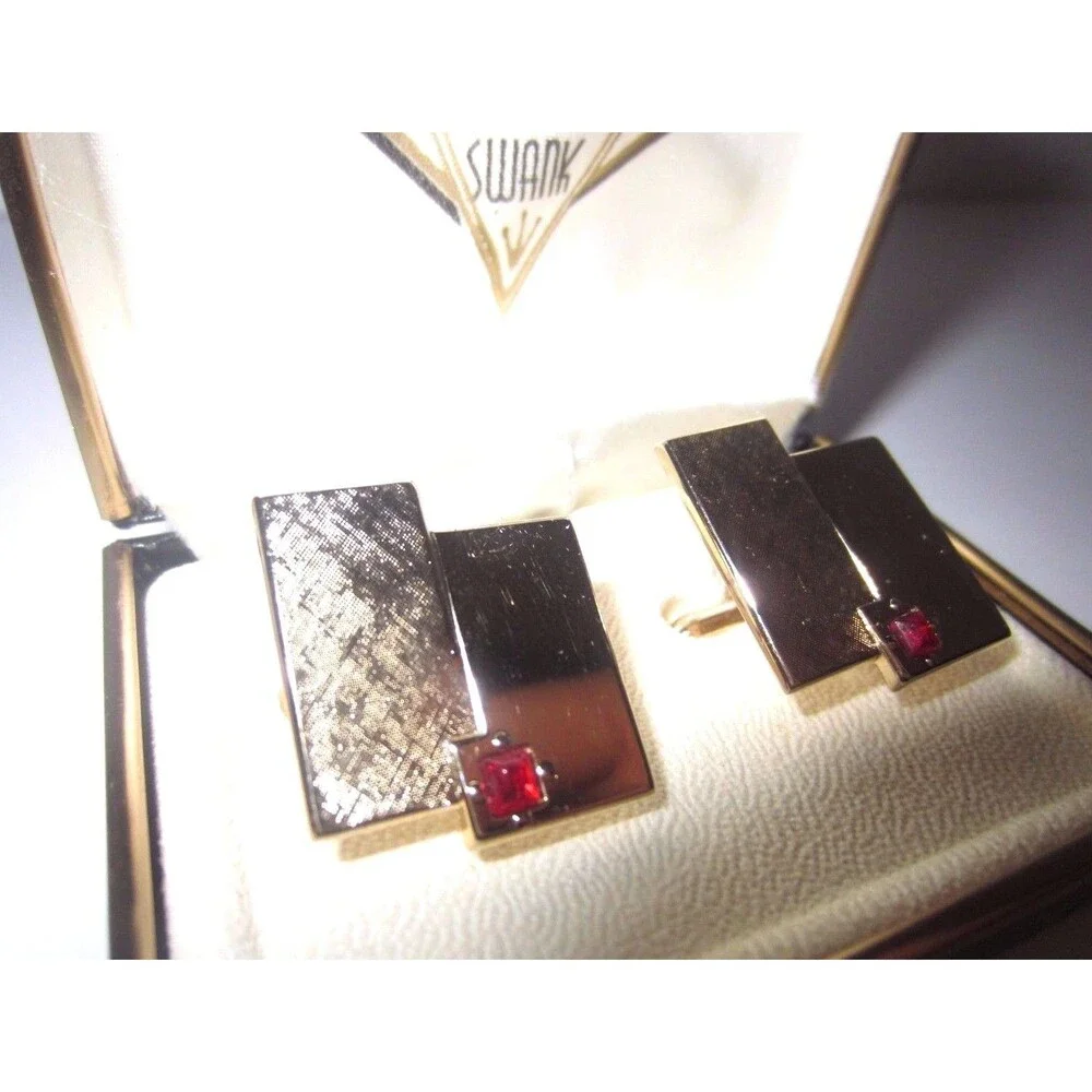 Vintage Signed Swank Cufflinks - Goldtone & Red Rhinestone Garnet - Original Box